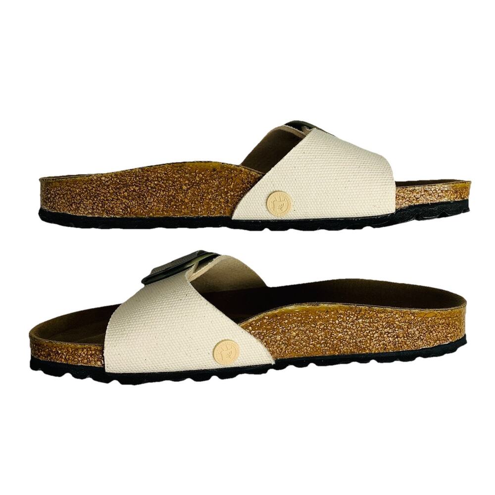 Birkenstock Madrid Big Buckle Rivet Logo 38 Narrow Canvas Eggshell Sandal NWOB - Picture 3 of 8